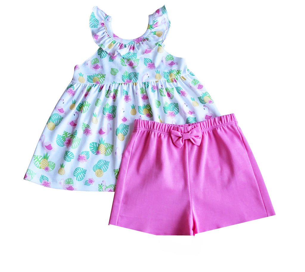 Flamingo Print Girls shirt & short Set Pima Cotton - Little Threads Inc. Children's Clothing