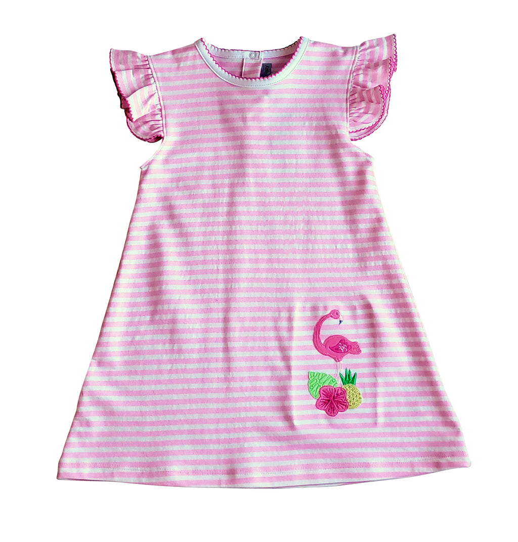 Flamingo Pink Applique  A line dress Pima Cotton - Little Threads Inc. Children's Clothing