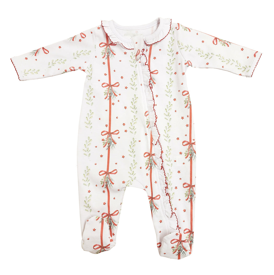 Baby Girl's Christmas Bows & Mistletoe Print  Pima zippered Footie - Little Threads Inc. Children's Clothing