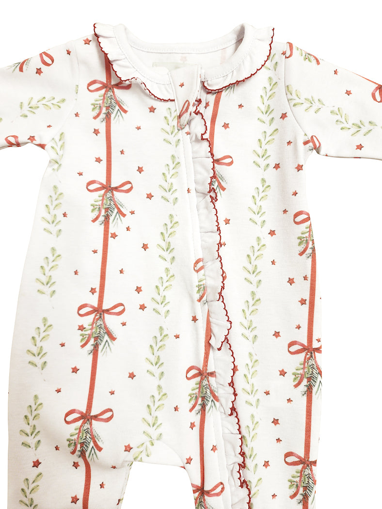 Baby Girl's Christmas Bows & Mistletoe Print  Pima zippered Footie - Little Threads Inc. Children's Clothing