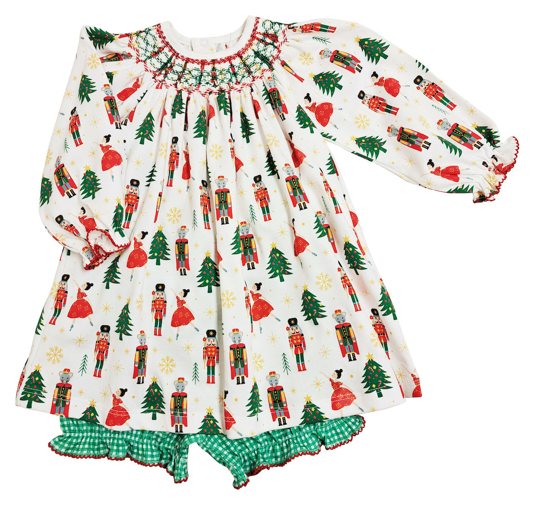 Christmas Nutcracker Print Hand Smocked girl's bishop dress - Little Threads Inc. Children's Clothing