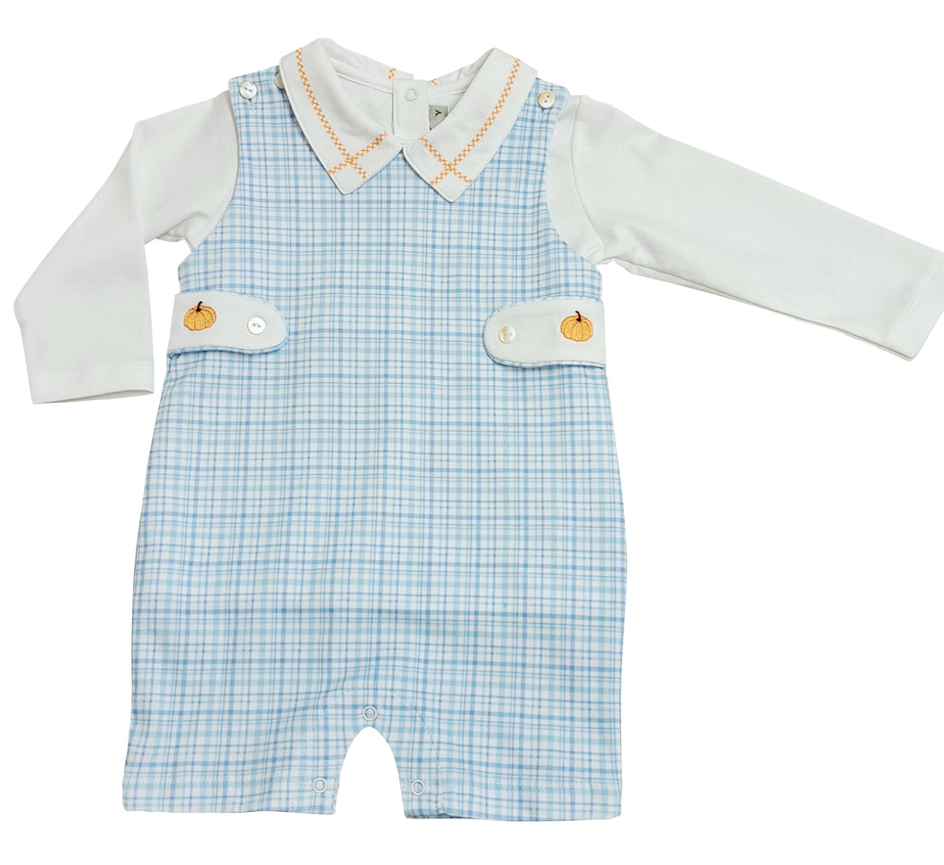 Fall Pumpkin Light Blue Plaid Pima Cotton Boy Shortall set - Little Threads Inc. Children's Clothing