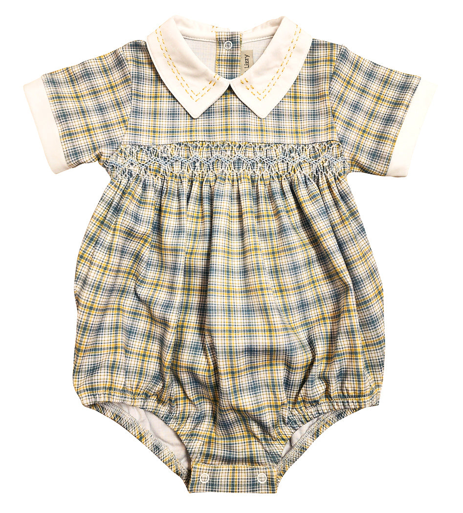 Fall Flowers - Hand smocked baby boy checkered romper - Little Threads Inc. Children's Clothing