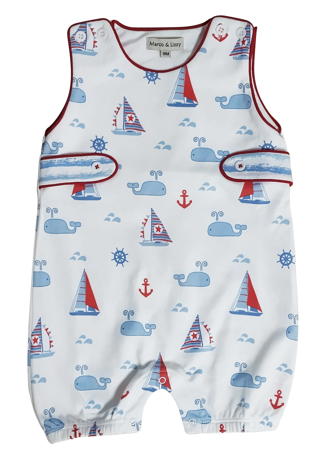 Nantucket Boy's overall with whales and sailboats - Little Threads Inc. Children's Clothing