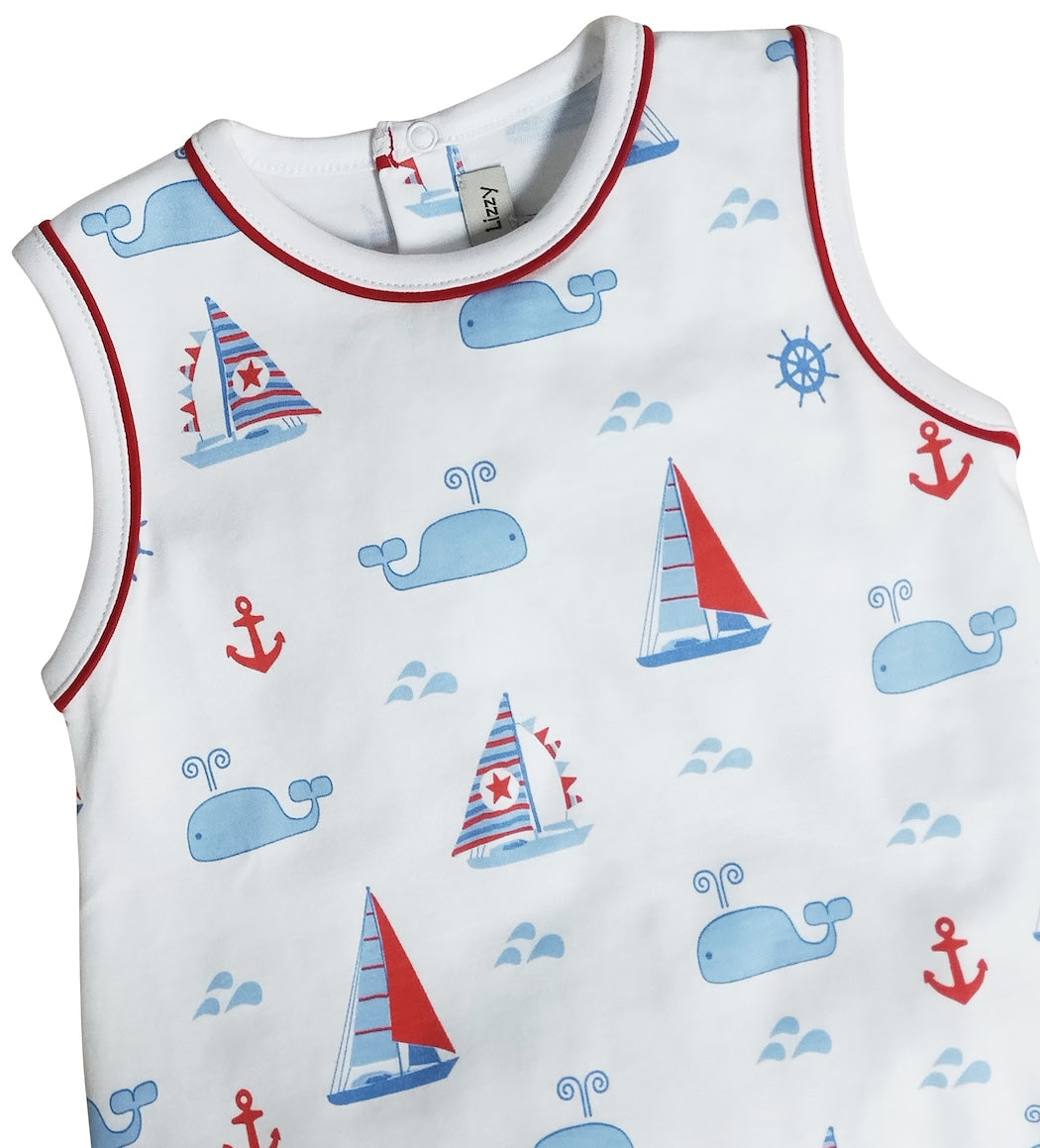 Nantucket Whales and sailboats Print Boy's romper - Little Threads Inc. Children's Clothing