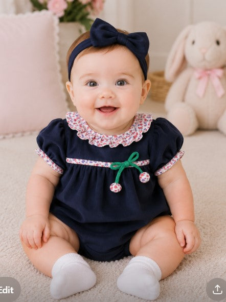 Baby Girl's "Cherries" Navy Corduroy Bubble