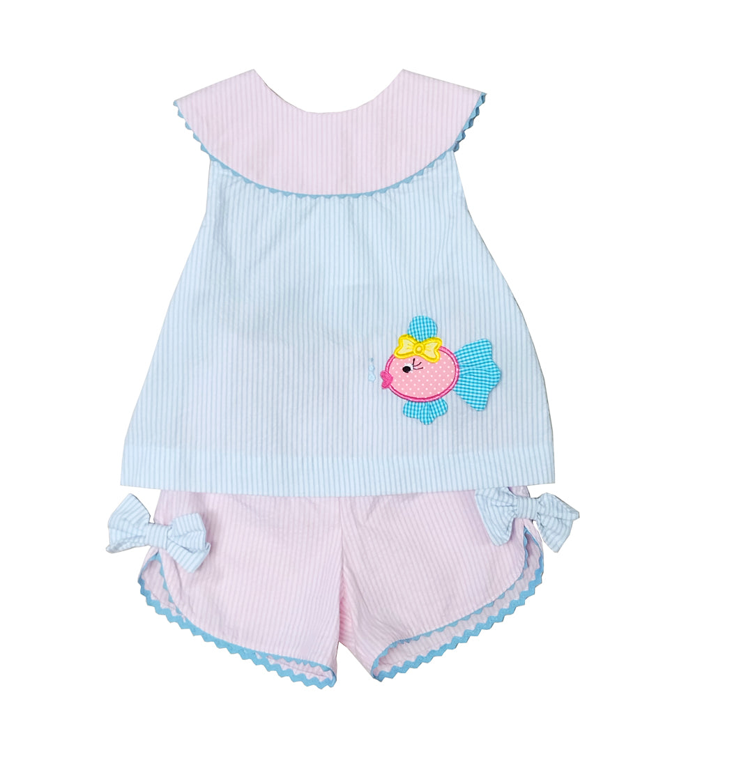 Girl's Pink and Blue "Fish" Applique Short Set - Little Threads Inc. Children's Clothing