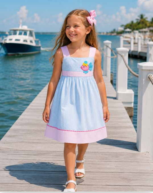 Girl's Pink and Blue Striped Fish Applique Sundress