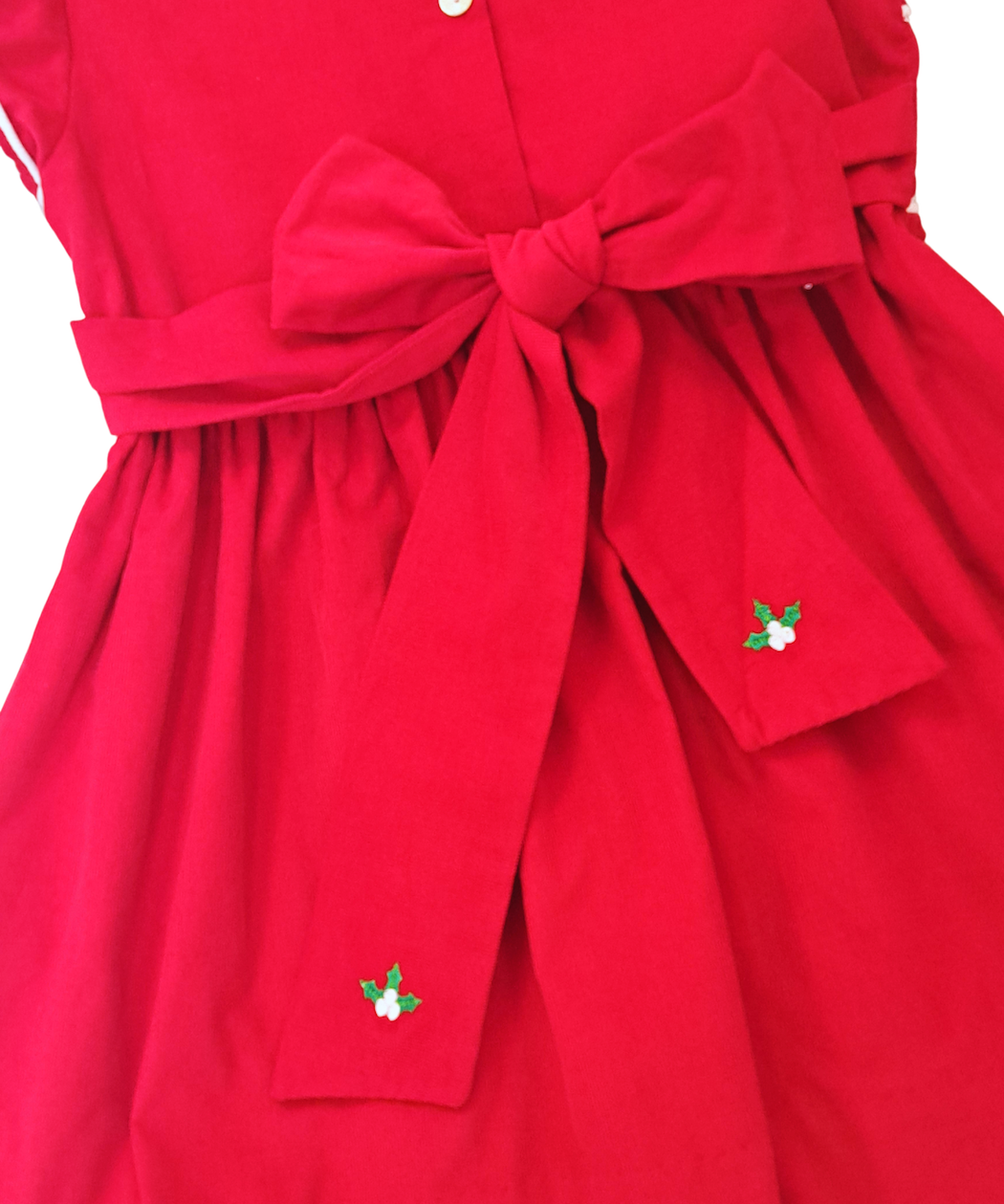 Christmas Red Holly Hand-Embroidered Corduroy Girl's Dress