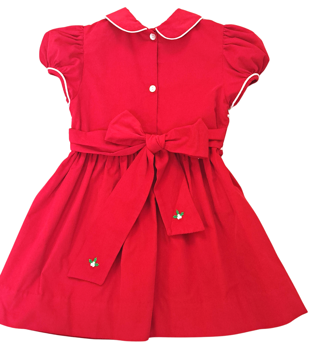Christmas Red Holly Hand-Embroidered Corduroy Girl's Dress