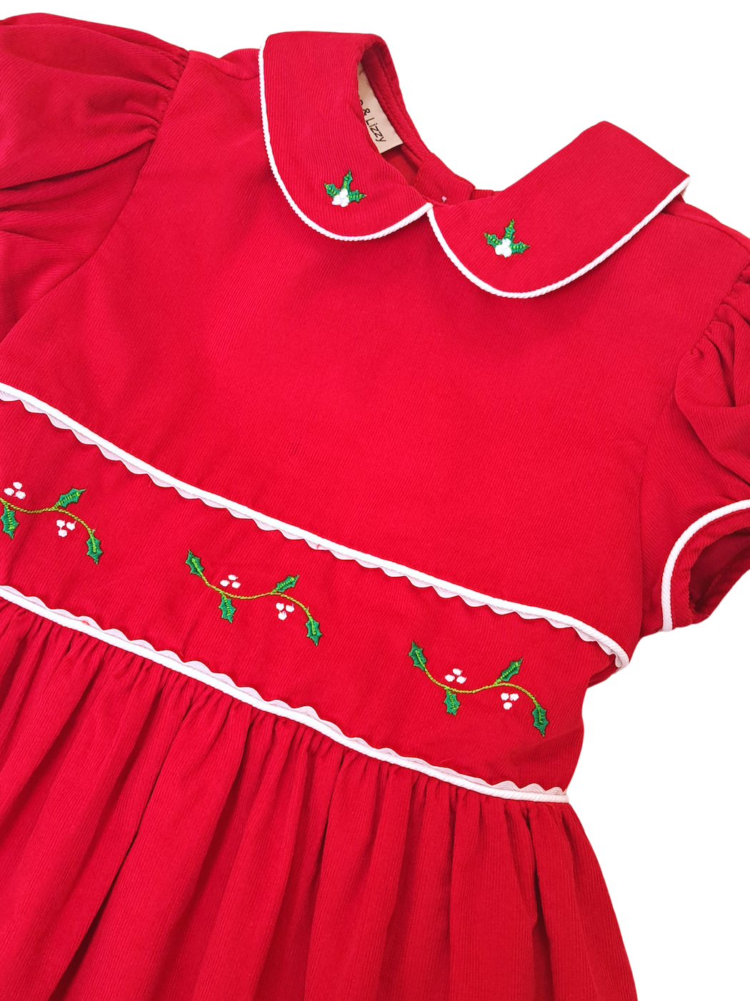 Christmas Red Holly Hand-Embroidered Corduroy Girl's Dress