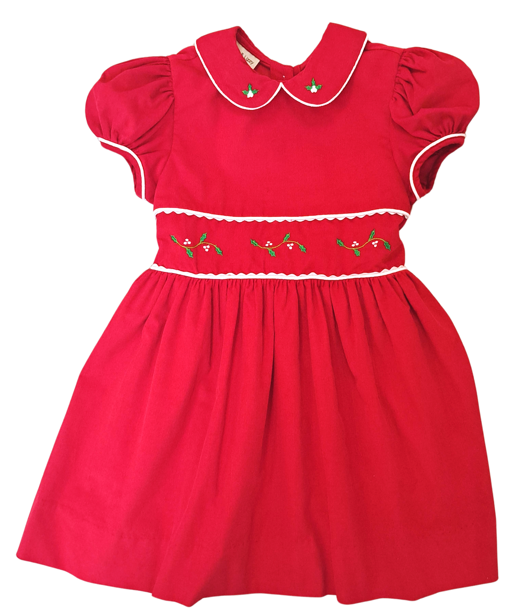 Christmas Red Holly Hand-Embroidered Corduroy Girl's Dress