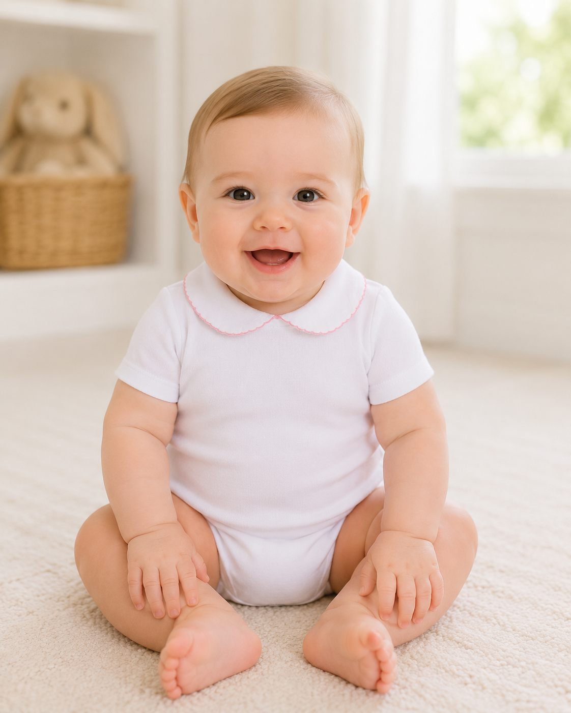 White Cotton Baby Girl Pink Trim Onesie