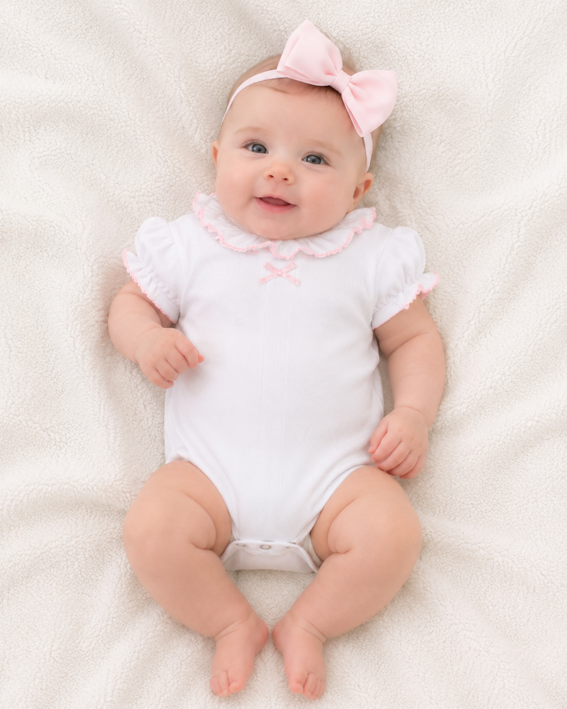 White Cotton Pink Trim Baby Girl  Onesie