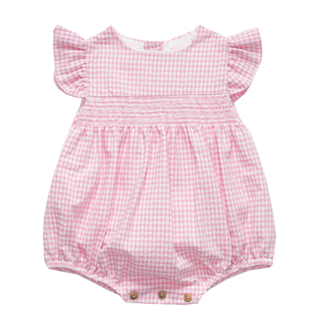 Basics - Pink seersucker Smocked Romper - Little Threads Inc. Children's Clothing