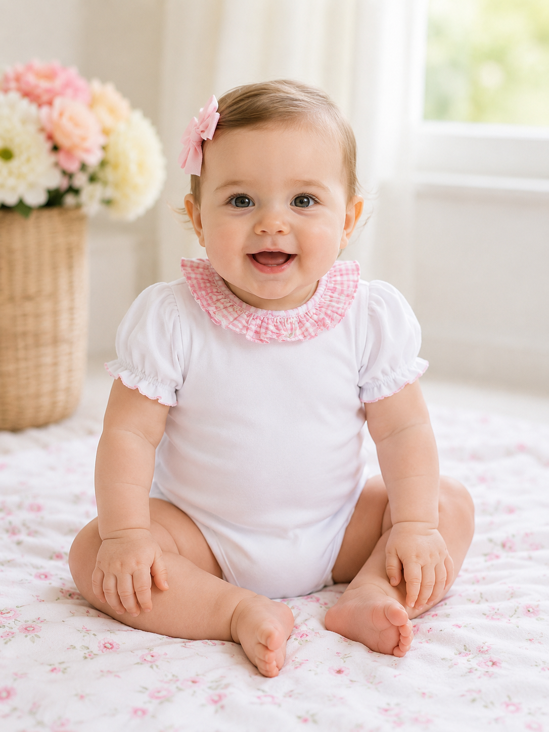 White Cotton Baby Girl Pink Seersucker Ruffle Onesie
