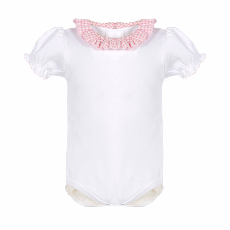 White Cotton Baby Girl bodysuit with pink seersucker ruffle - Little Threads Inc. Children's Clothing