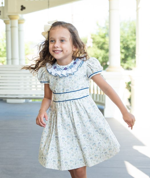 Mia - Girl's Fall Blue Floral Print Ruffled Collar Dress - Little Threads Inc. Children's Clothing