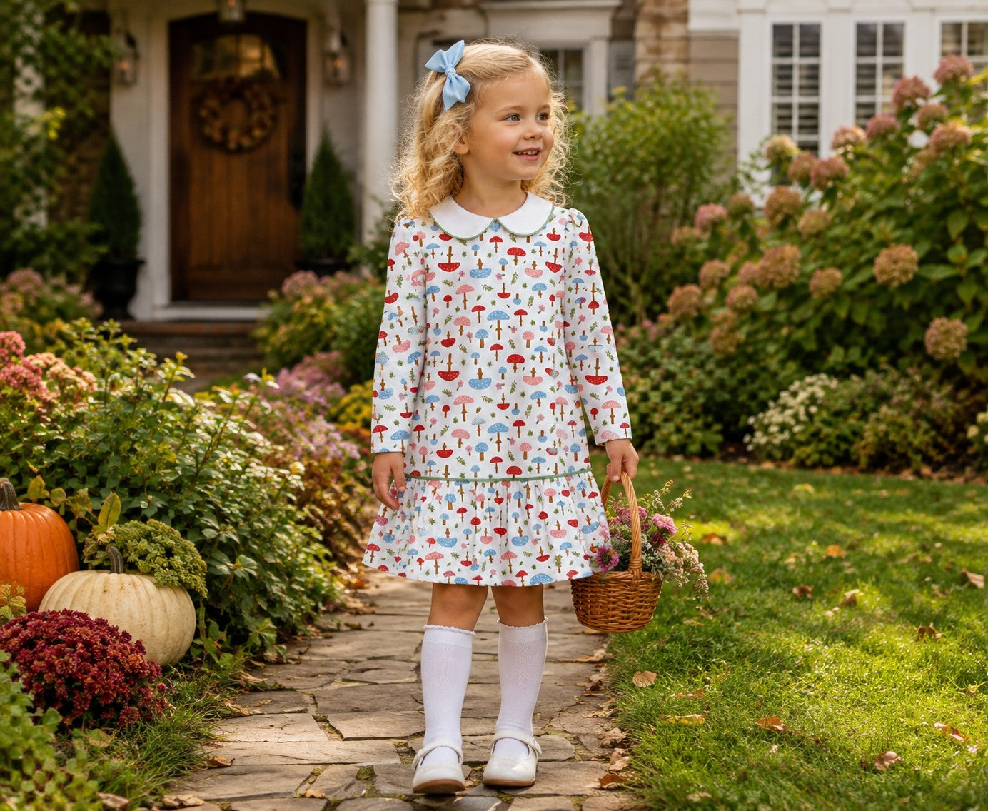 Fall Mushrooms Print Dropped Waist Girl's Dress