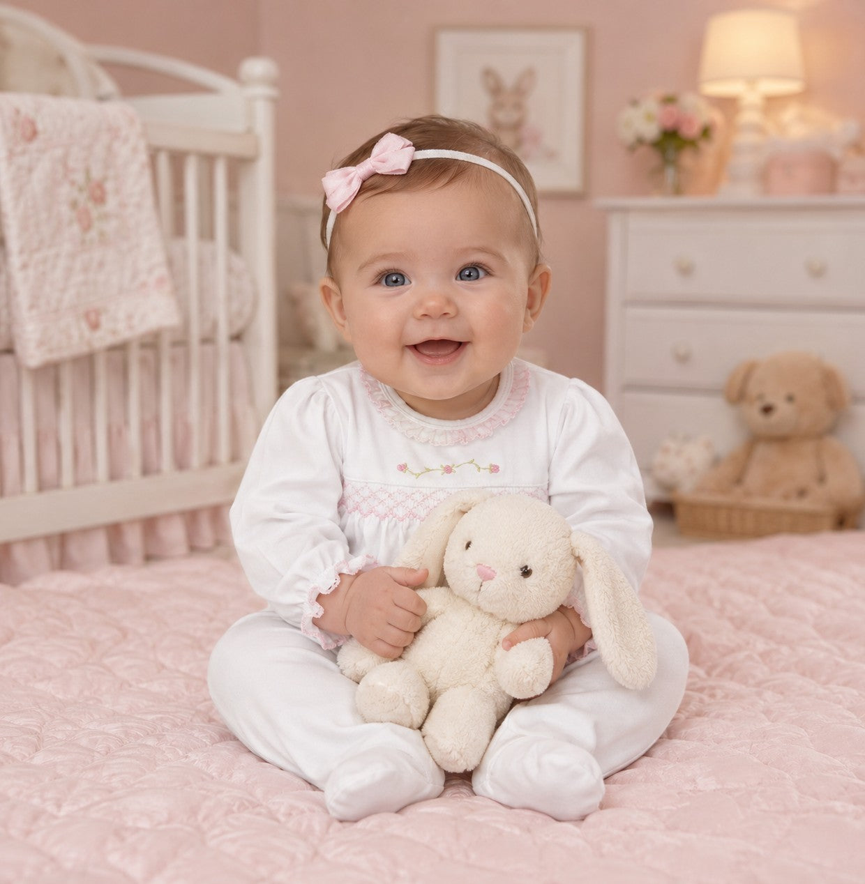 Baby Girl Rose White Pima Cotton Footie
