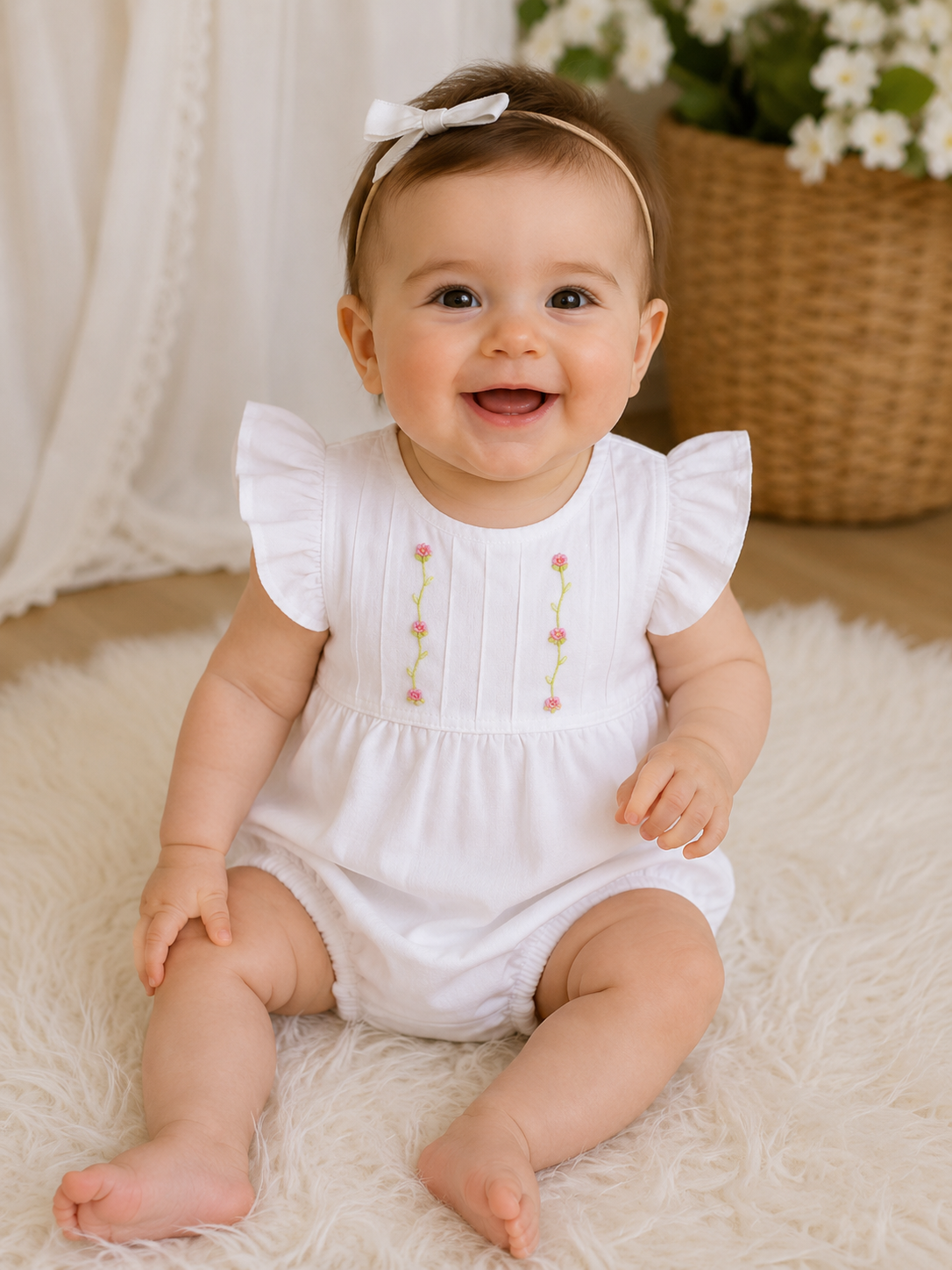 Baby Girl's White Pink Flowers Romper