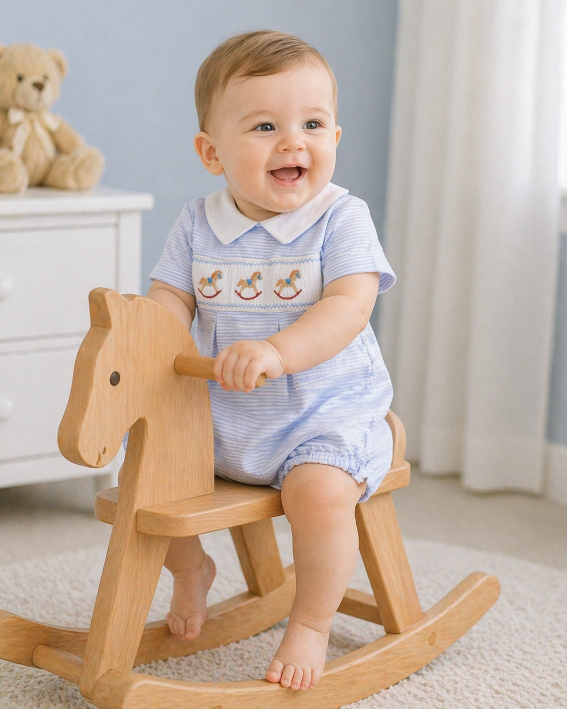 Pima Cotton hand Smocked  Rocking Horse Baby Boy romper - Little Threads Inc. Children's Clothing
