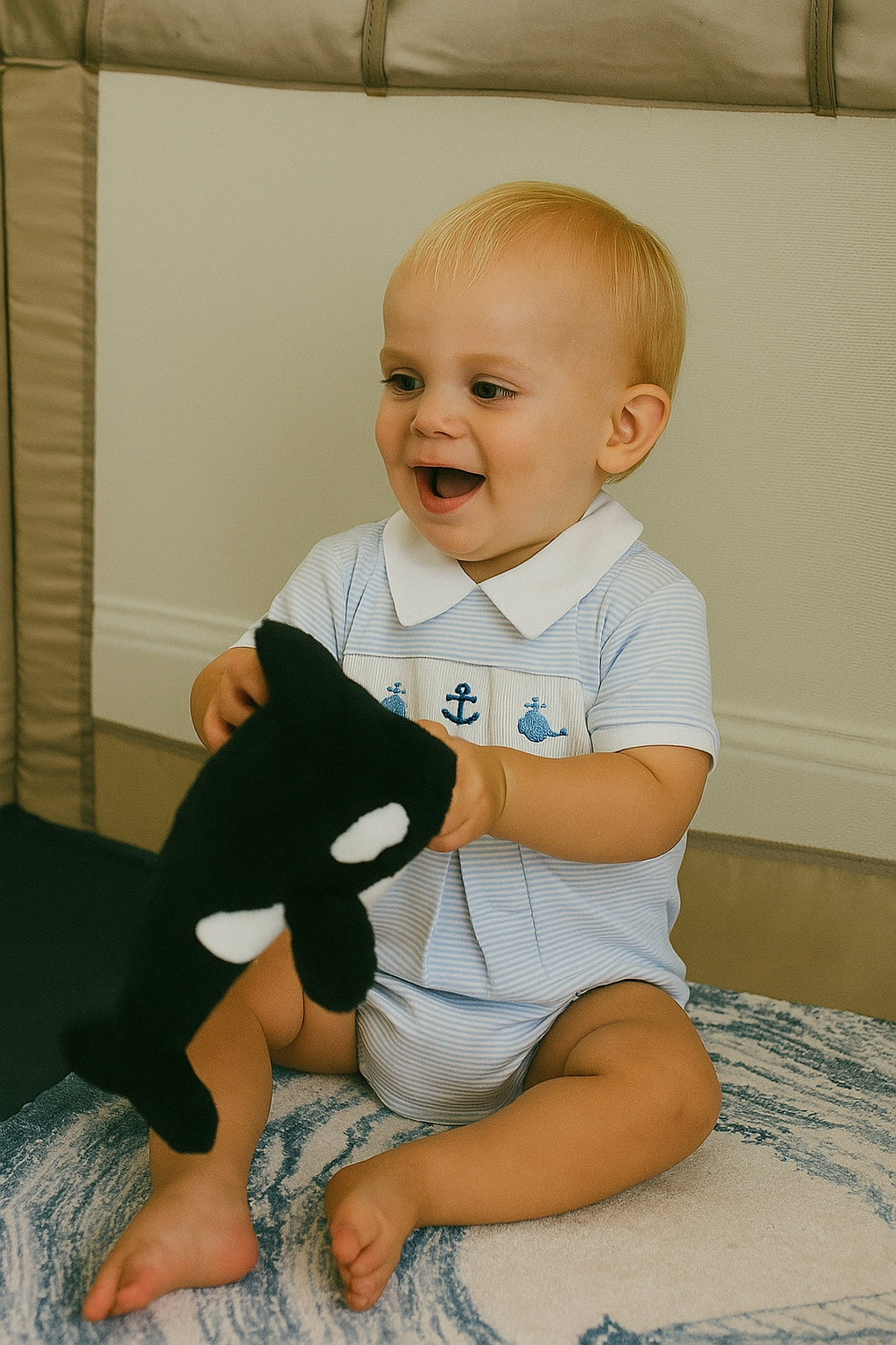 Baby Boy's  "Anchor and Whales" Smocked Pima Cotton Onesie - Little Threads Inc. Children's Clothing