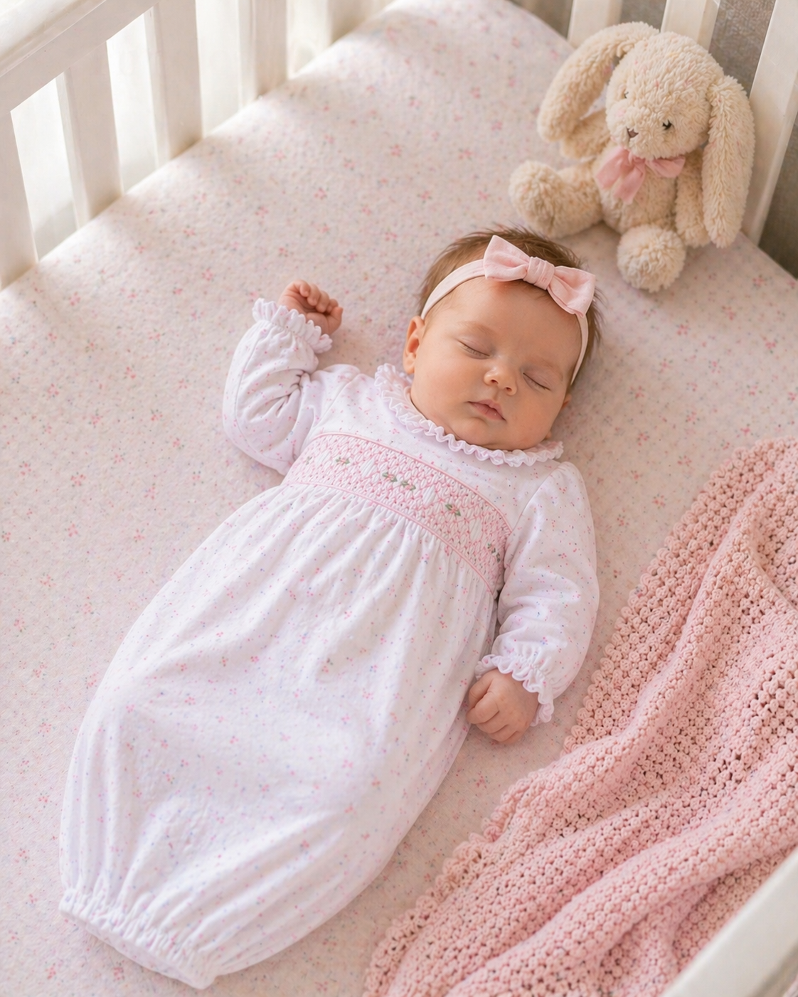 Pink Flower Print Baby girl Pima Cotton smocked gown - Little Threads Inc. Children's Clothing