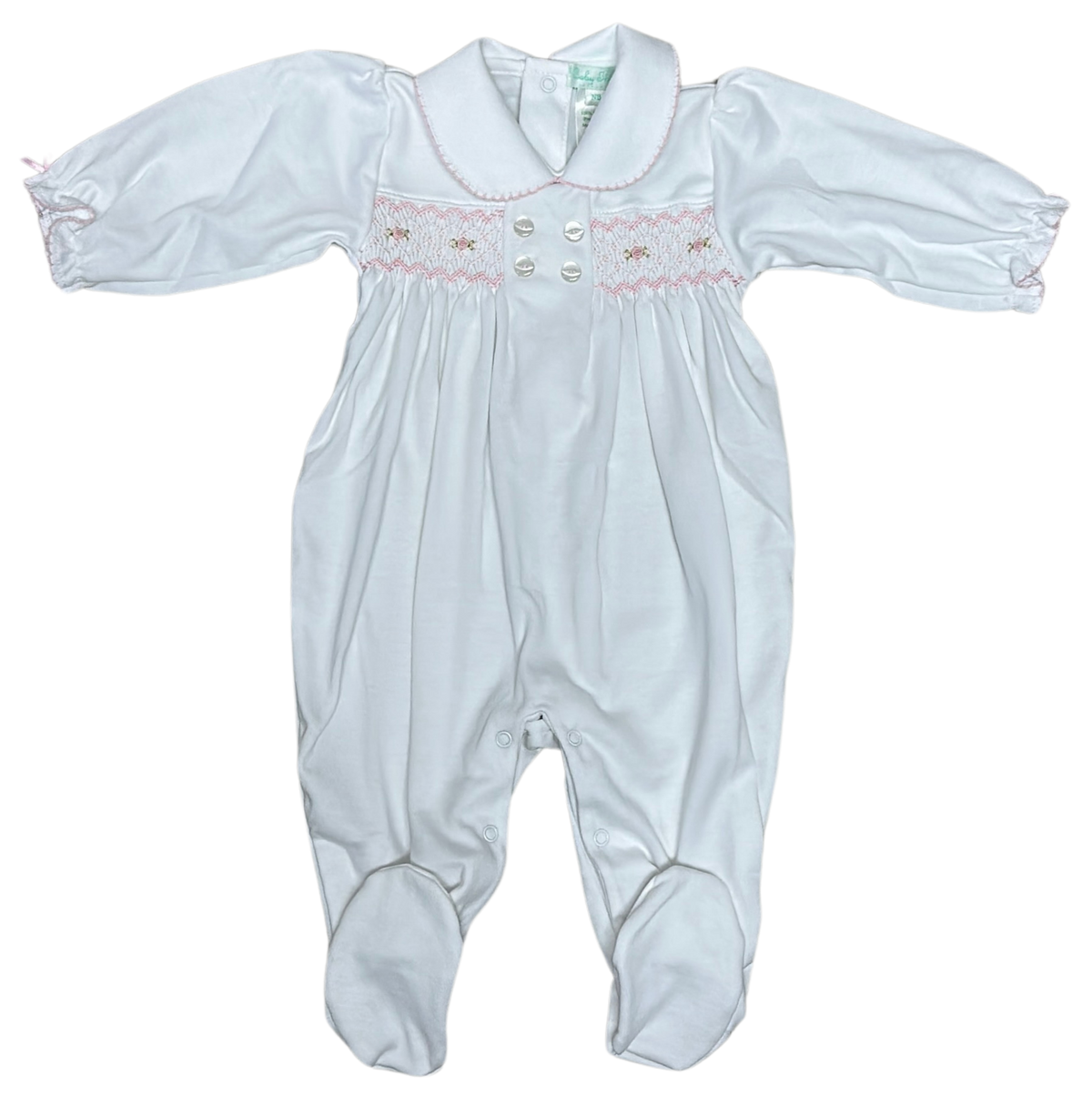 White Pima Cotton Baby Girl Hand Smocked Footie