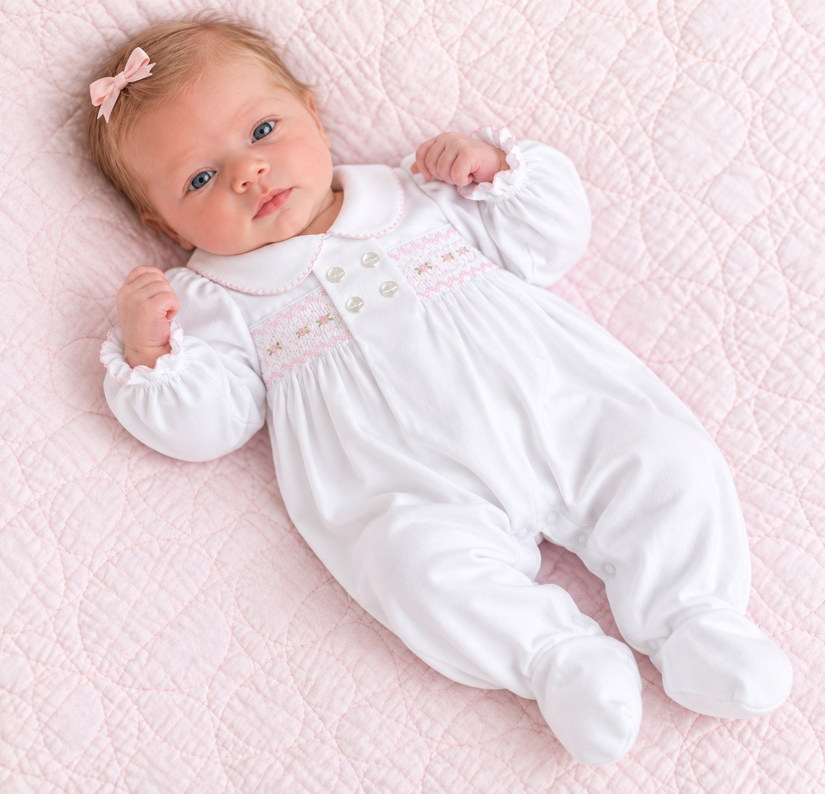 White Pima Cotton Baby Girl Hand Smocked Footie