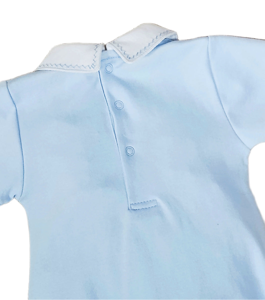 Blue Pima cotton hand smocked baby boy romper
