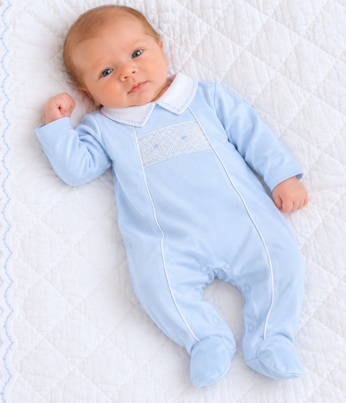 Blue Pima Cotton Smocked baby boy footie
