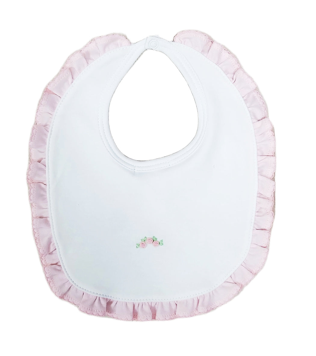 Pima cotton baby girls rose bud bib with pink ruffles