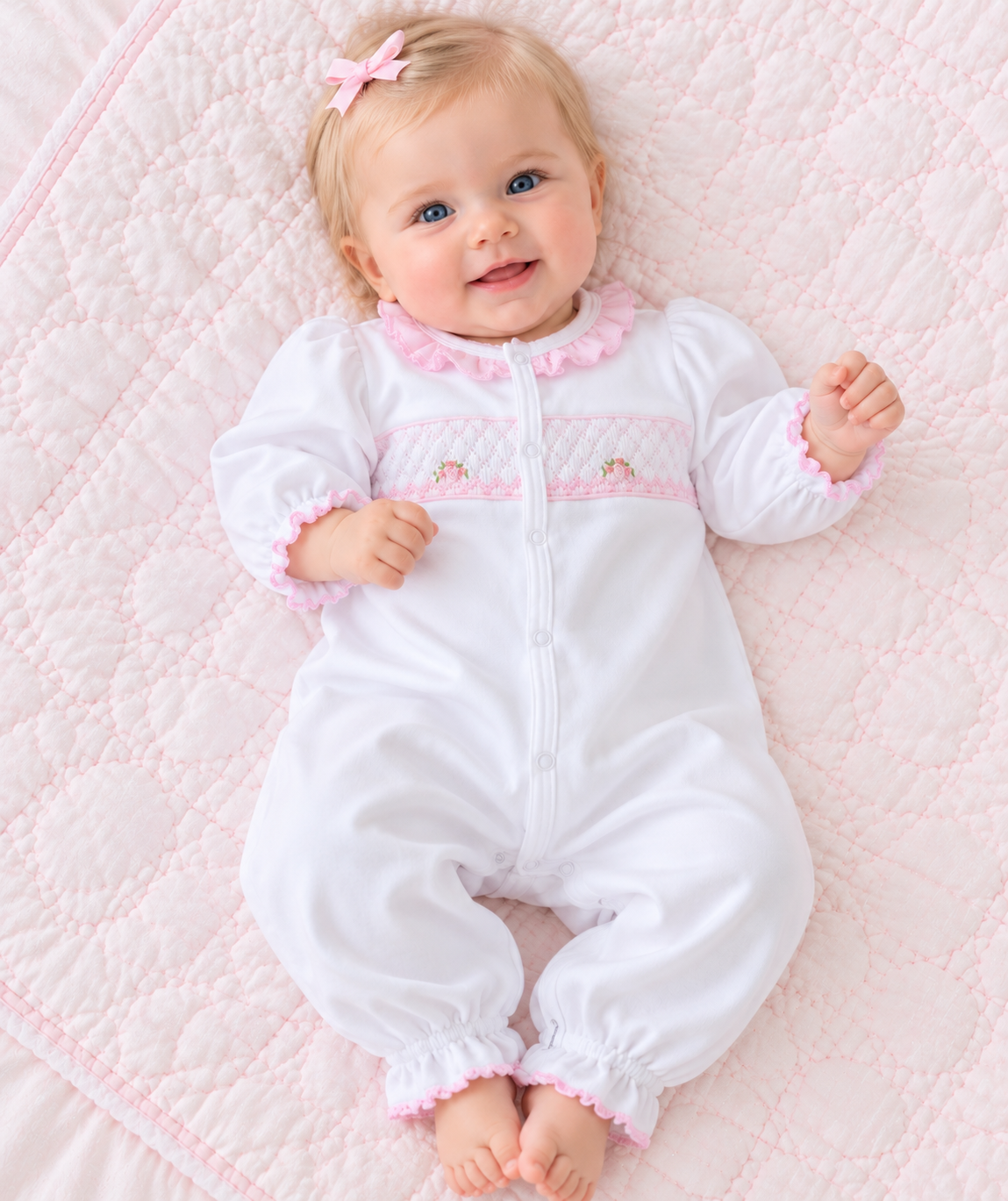 White Pima cotton Smocked baby girl converter