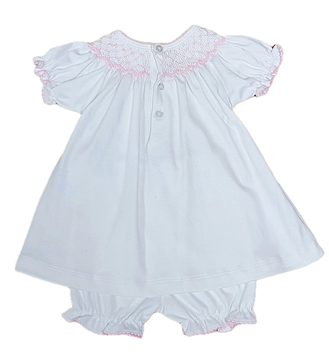White Pima cotton Pink smocked baby girl Bishop