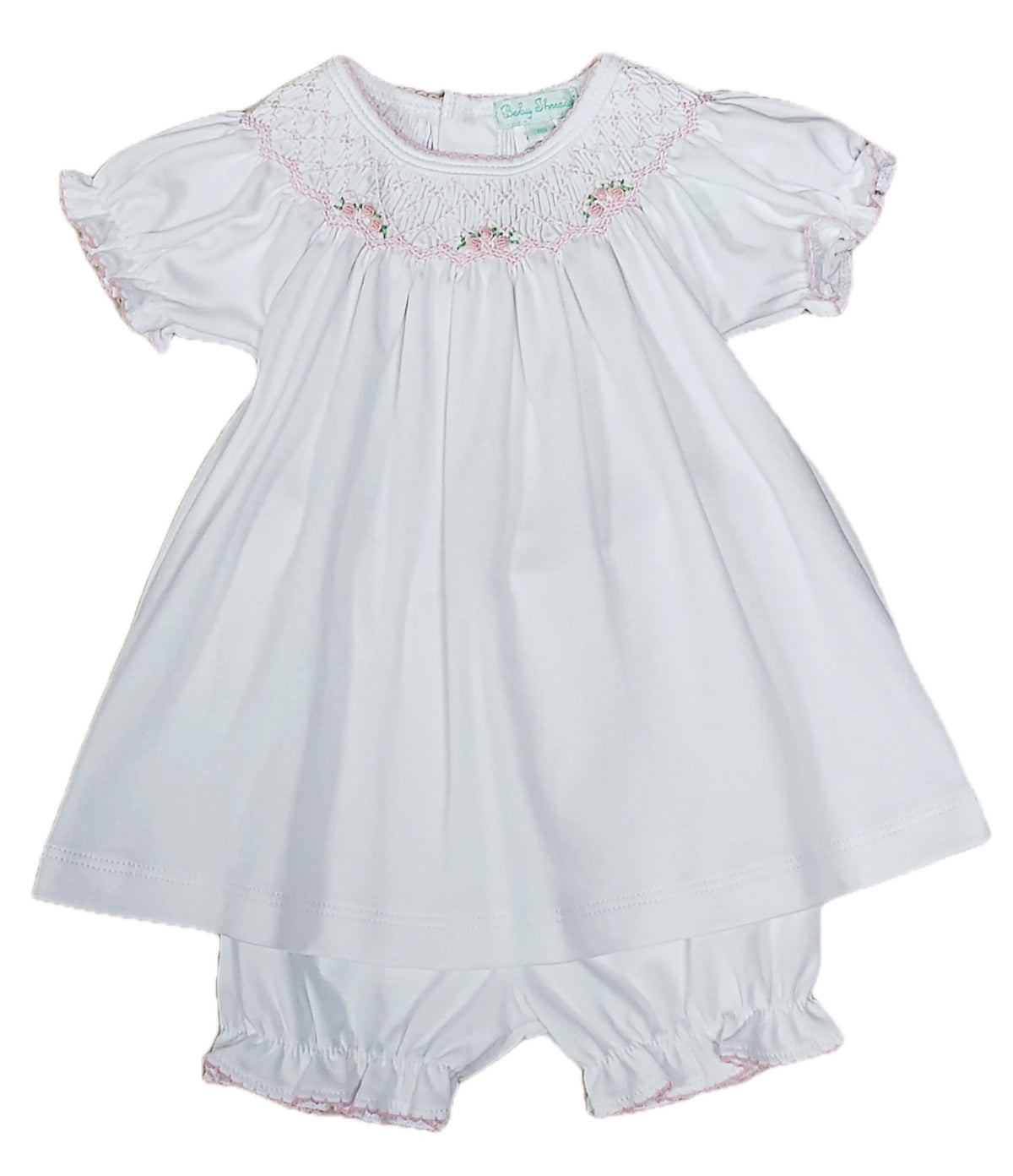 White Pima cotton Pink smocked baby girl Bishop