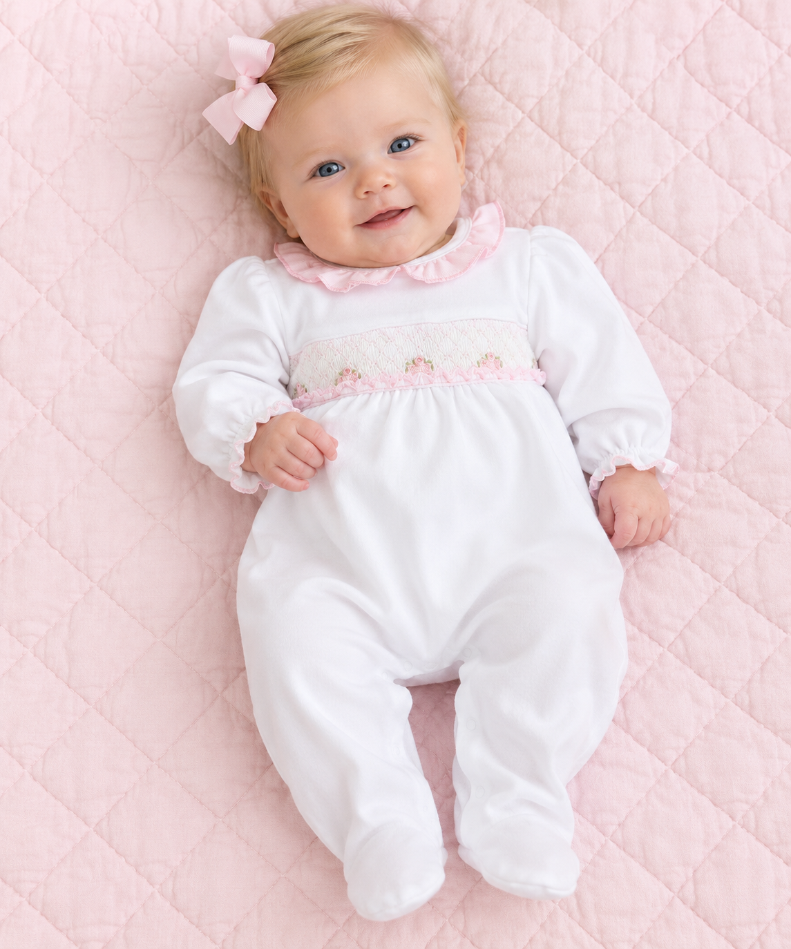White Pima cotton baby girls smocked footie