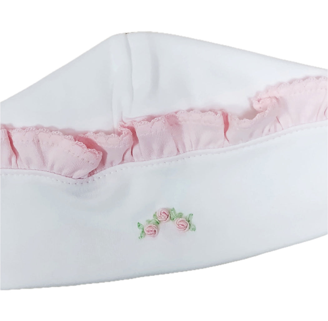 White Pima coton baby girl NB pink ruffle hat