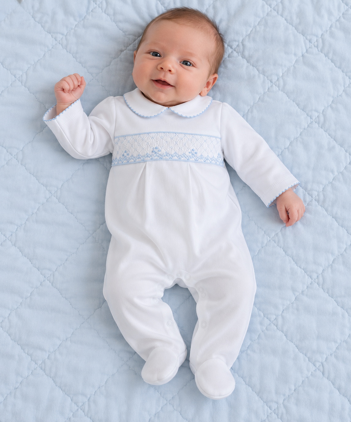 White Pima cotton blue smocked baby footie