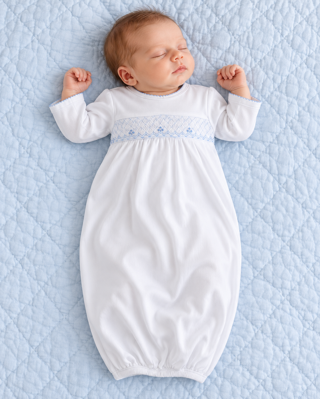 White Pima cotton smocked baby boy daygown