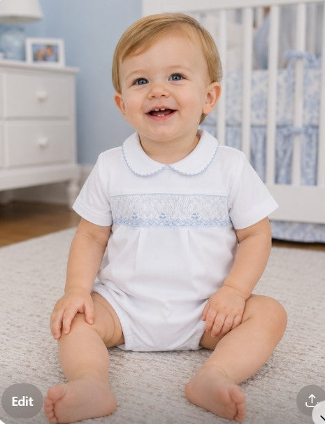 Eden Blue collection smocked baby boy bubble
