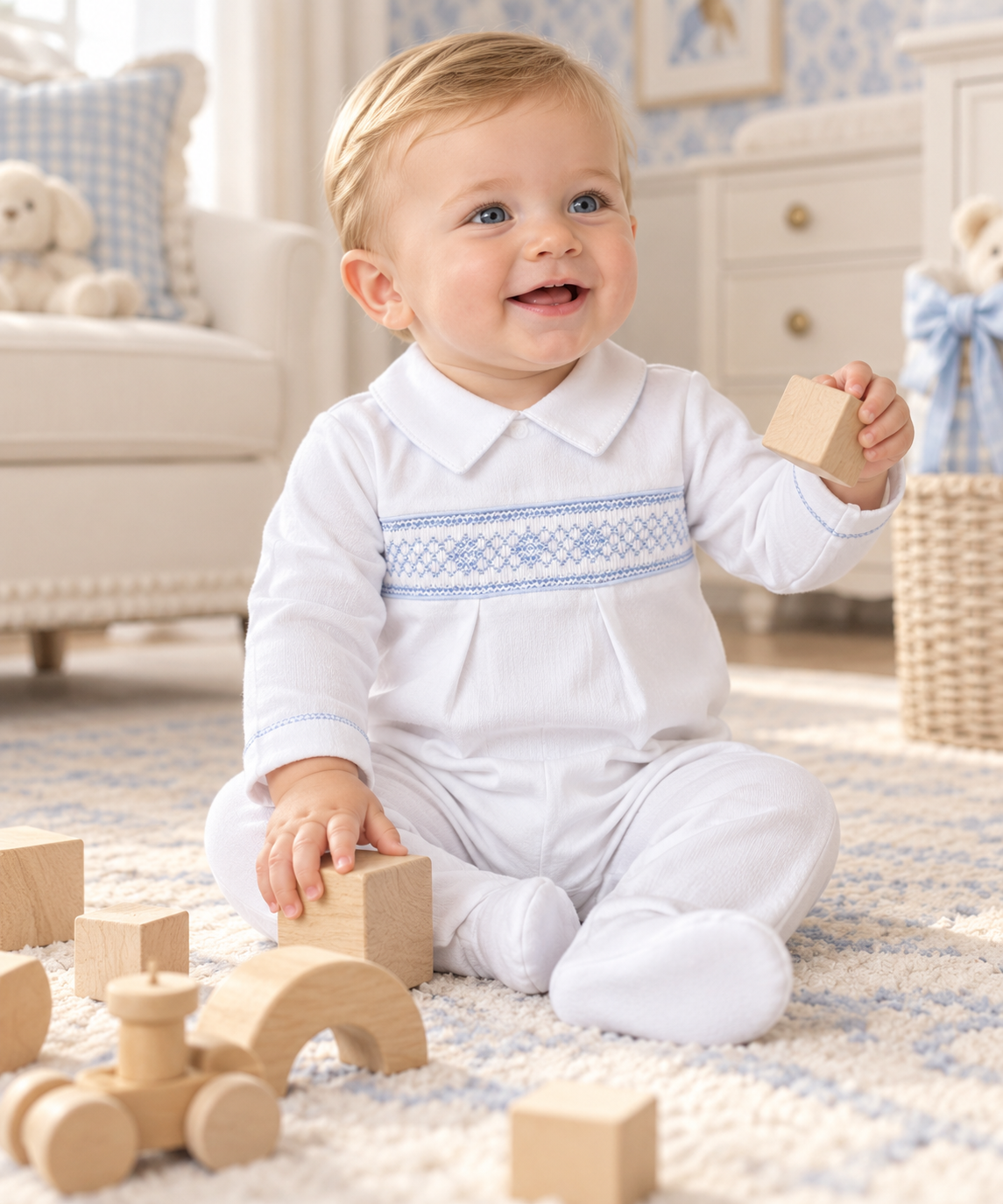 Baby Boy White Jacquard Footie - Little Threads Inc. Children's Clothing