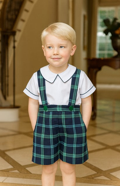 Navy and Green Plaid Boy's Short Set