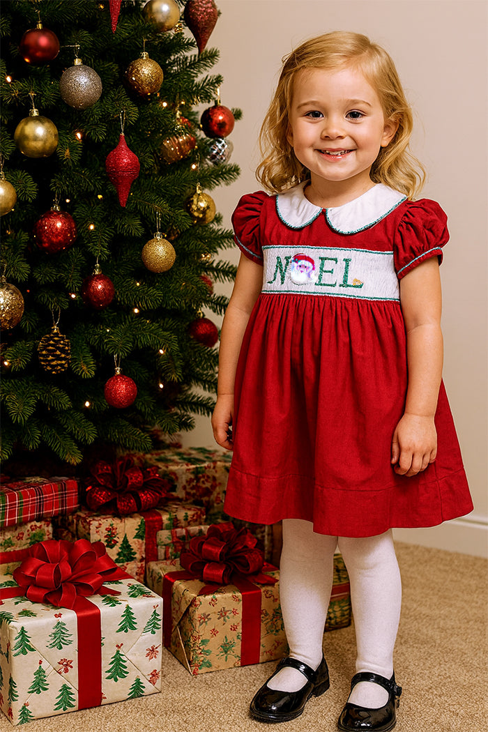 Girl's "Christmas Noel" Hand Smocked Red Corduroy Dress