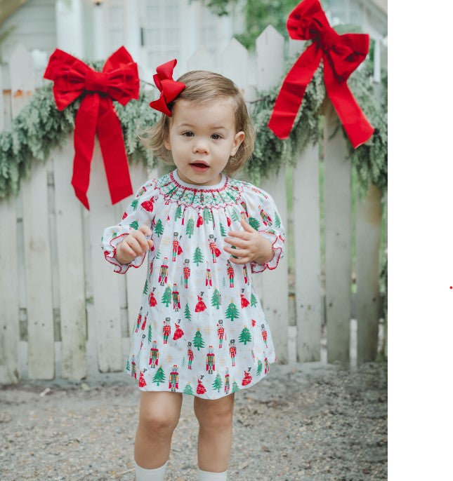 Christmas Nutcracker Print Hand Smocked girl's bishop dress - Little Threads Inc. Children's Clothing