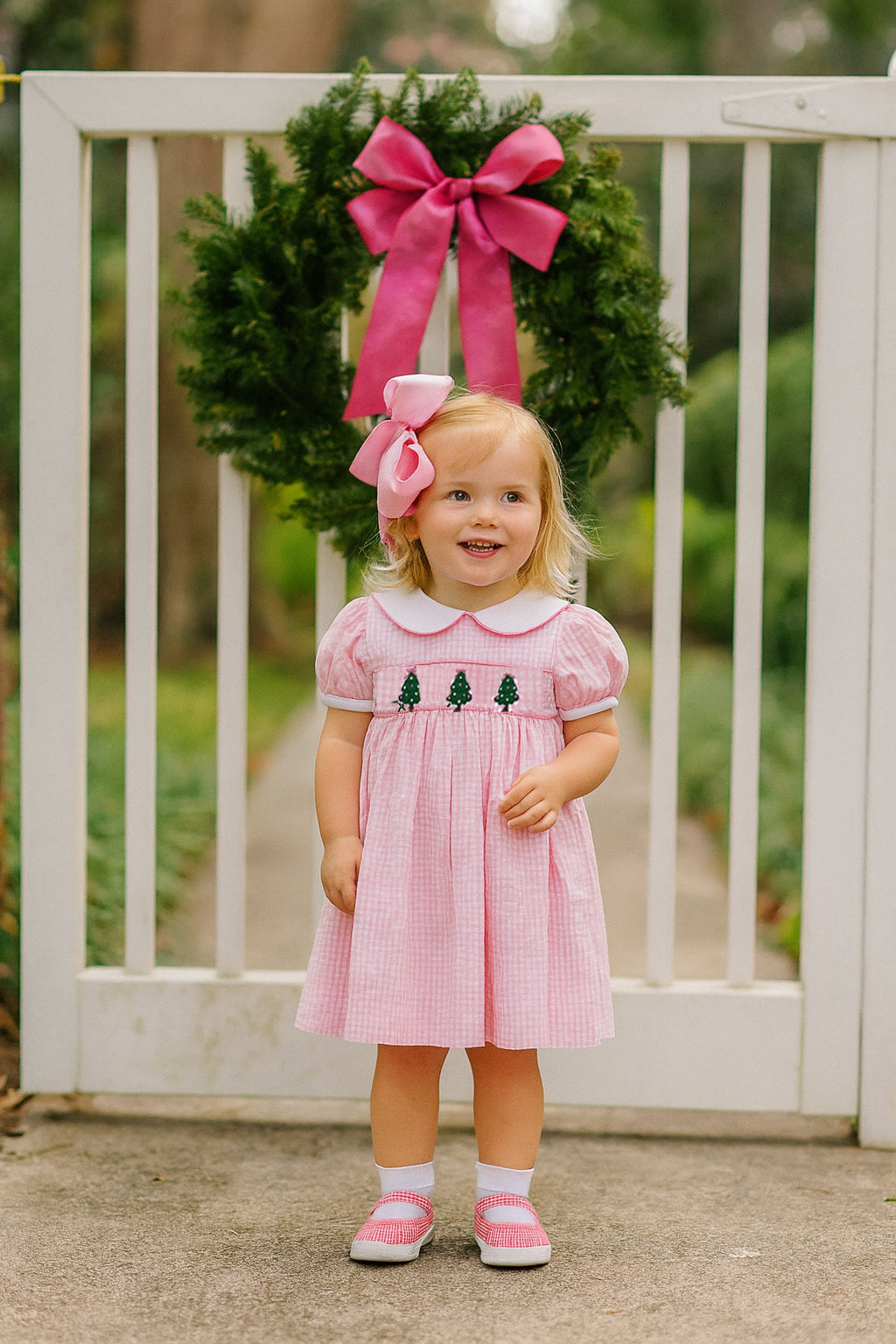 Pink checks Christmas trees hand smocked girl's dress