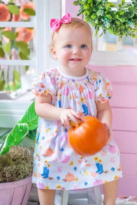 Fall Pumpkin Hand Smocked Girl Bishop set Pima - Little Threads Inc. Children's Clothing