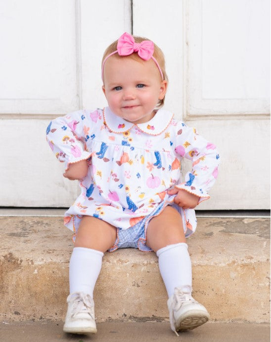 Fall Pumpkin Print and plaid Girl Bloomer Pima Set - Little Threads Inc. Children's Clothing