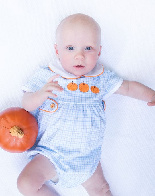 Fall Pumpkin light blue plaid pima Baby Boy's bubble - Little Threads Inc. Children's Clothing