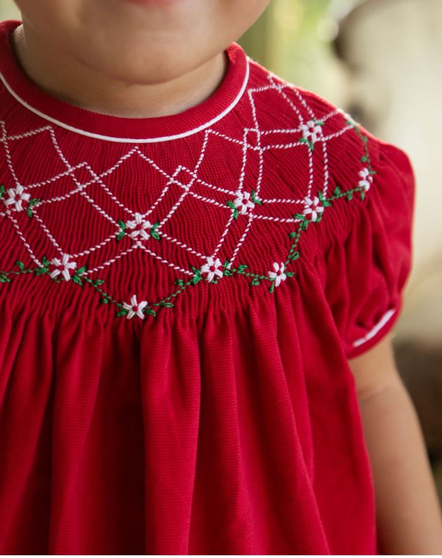 Girl's "Red Christmas" Corduroy Smocked Bishop - Little Threads Inc. Children's Clothing